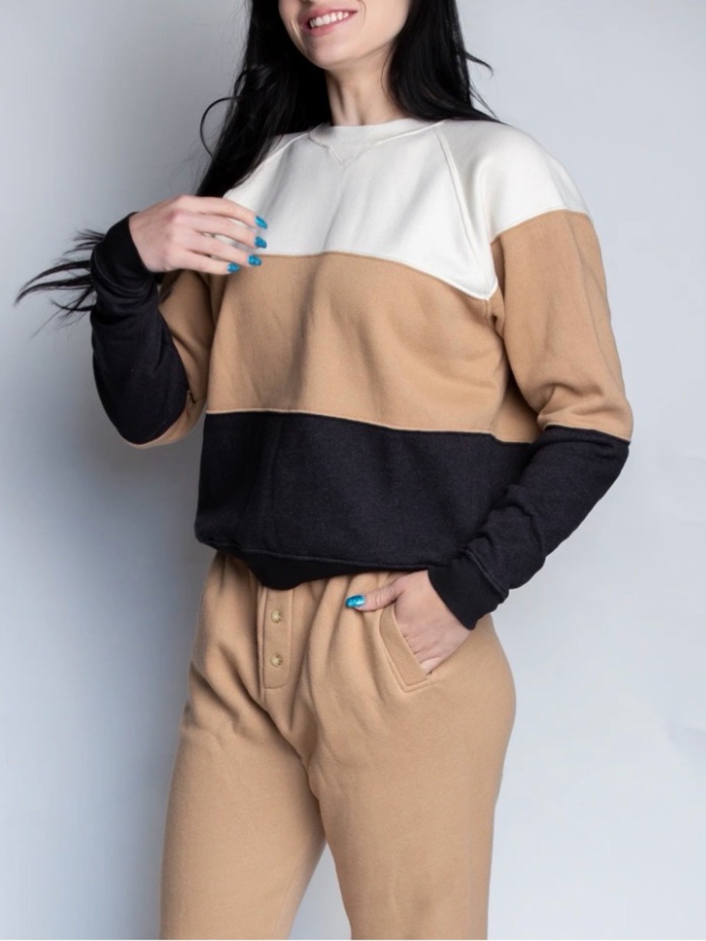 Donni Color Block Tri Striped Sweatshirt Black Brown White Large